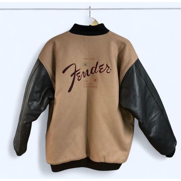 Rare Limited Edition Fender Guitar Cow Hide Wool Tan Black USA Varsity Large Jac - Picture 1 of 12
